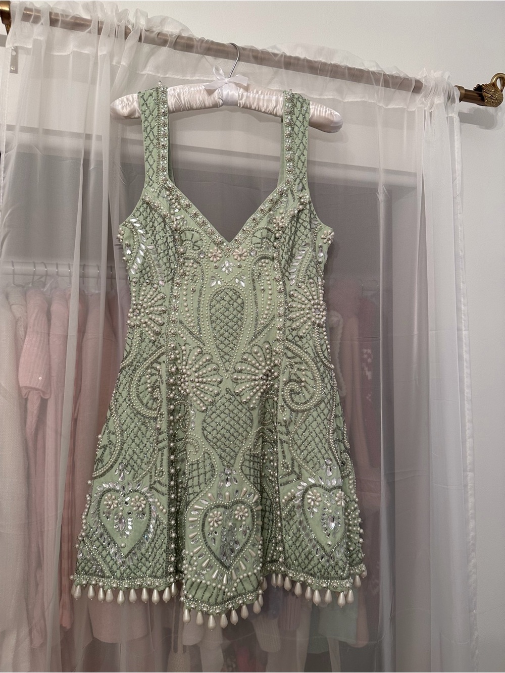 Asos Luxe Embellished Sweetheart Caged Mini Dress in Sage